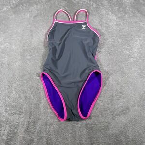 TYR Swimsuit Girls 16 Gray Pink Purple One Piece Competition Training Swim